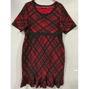 Nina Leonard Sweater Dress Women's XL Red Black Short Sleeve Ruffle Hem